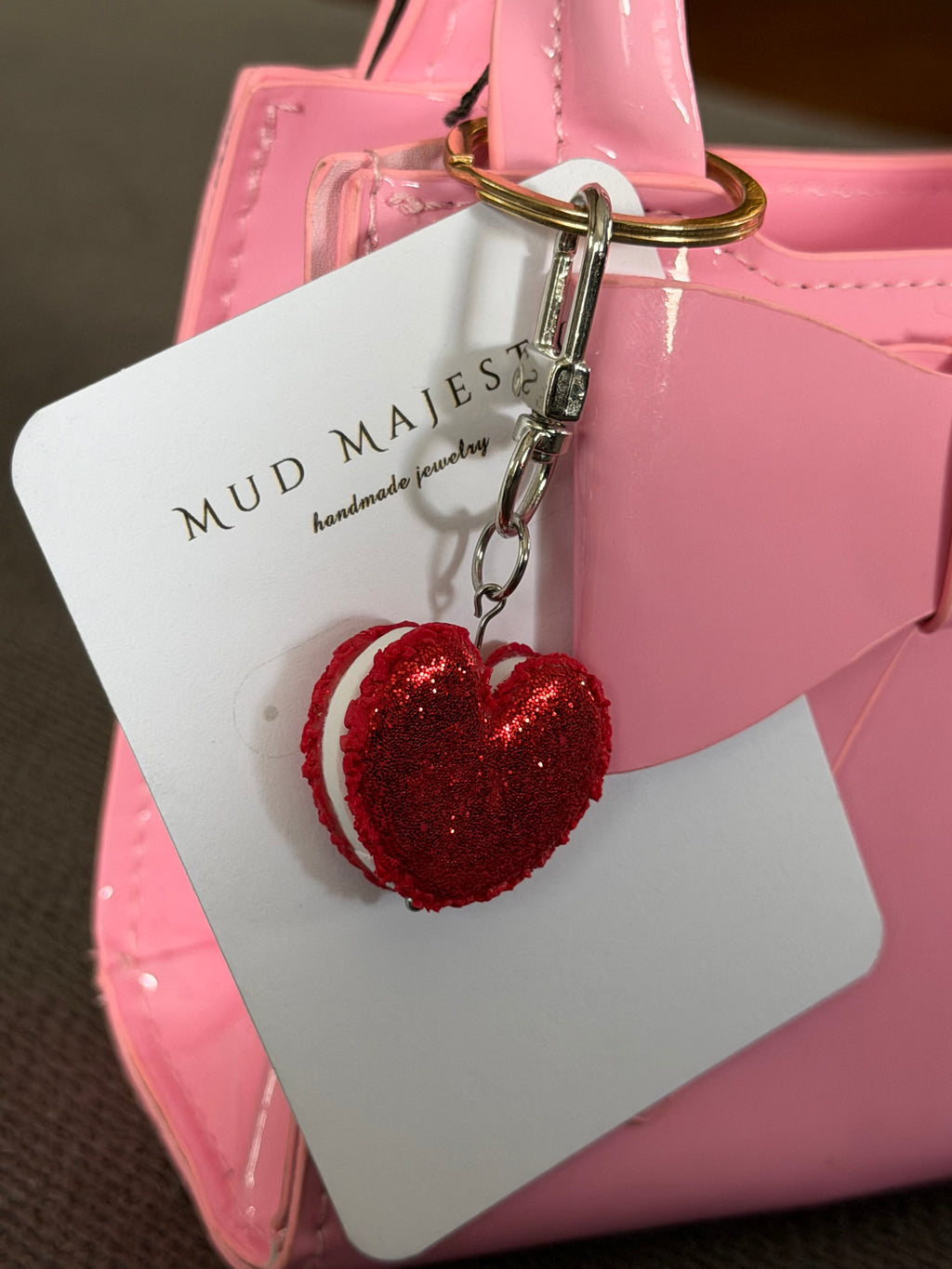 Red Glitter Heart Macaroon Keychain