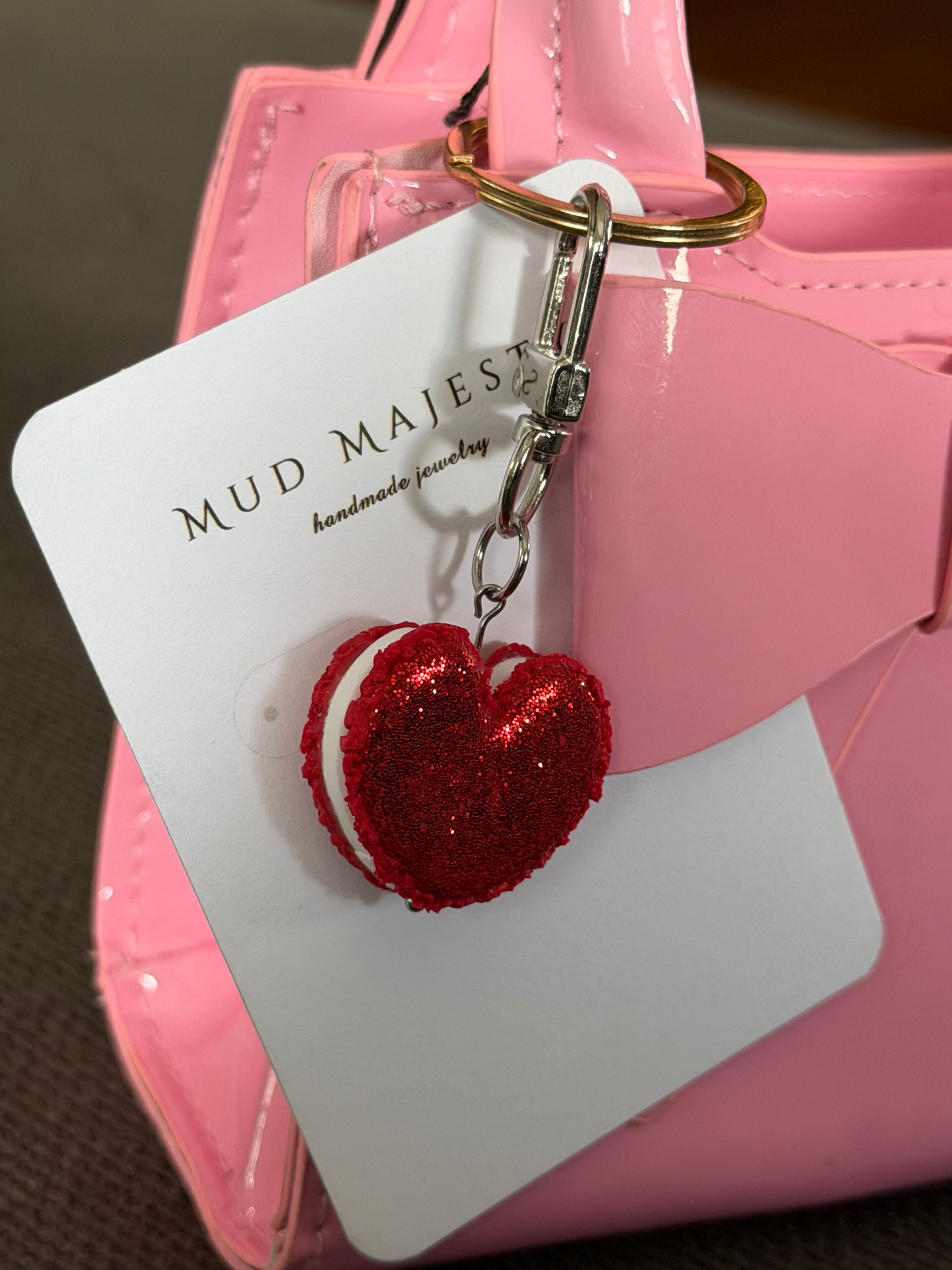 Red Glitter Heart Macaroon Keychain
